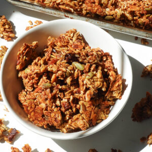 Vegan pumpkin granola in a bowl.