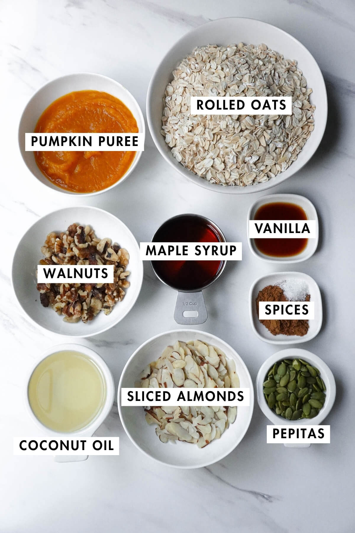 Measured ingredients to make pumpkin spice granola.