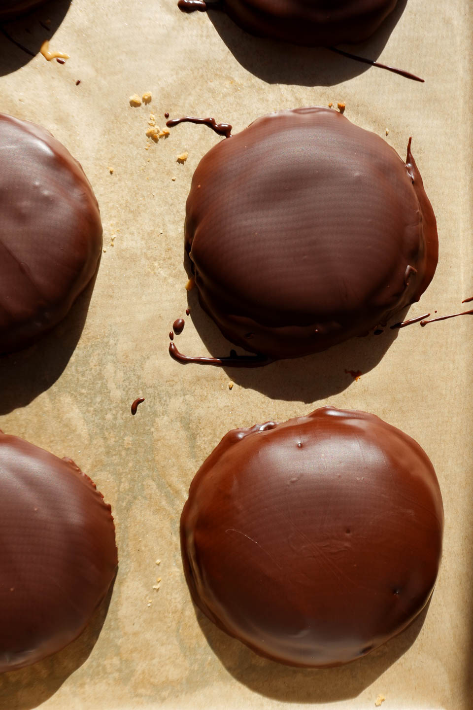 homemade Tagalongs after being dipped in chocolate