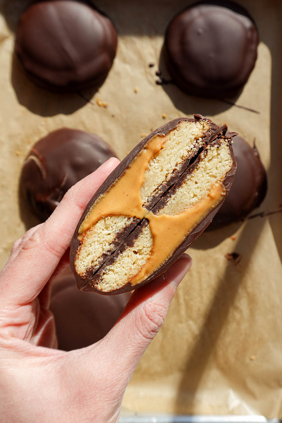 inside of homemade Tagalongs showing peanut butter layer