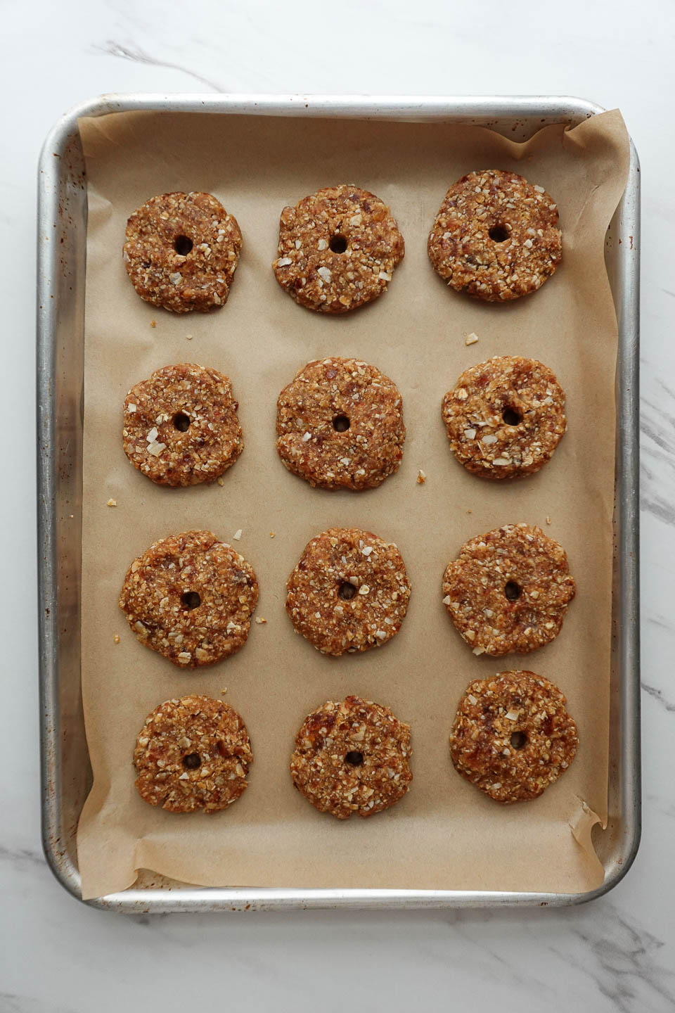 samoas cookies on a baking sheet before freezing