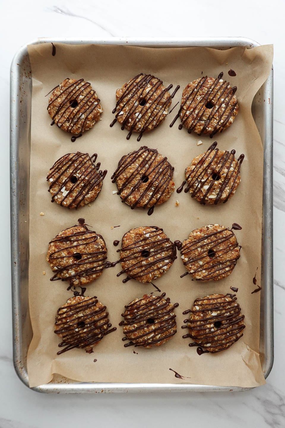 samoas cookies on a baking sheet after freezing
