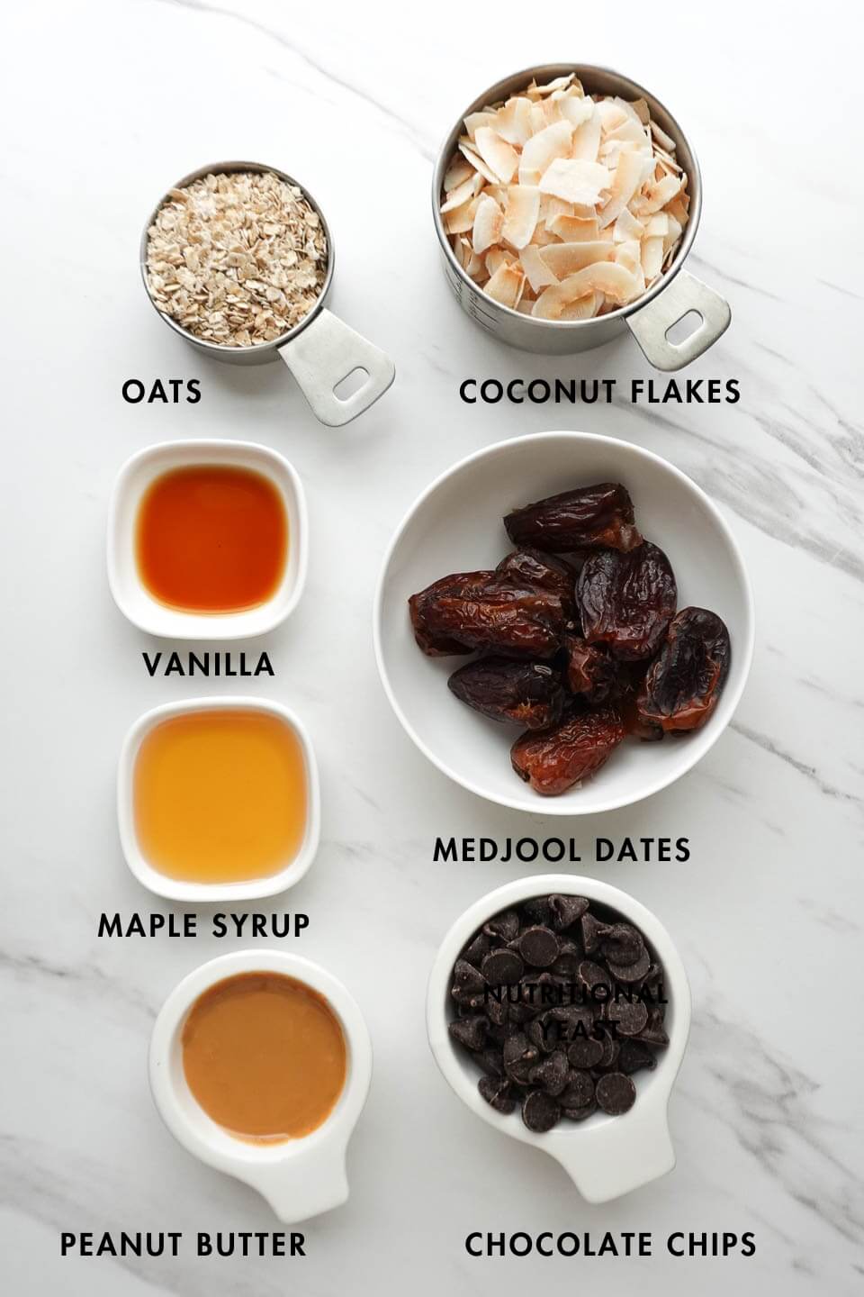 ingredients needed for samoas cookies including dates, coconut flakes, and oats