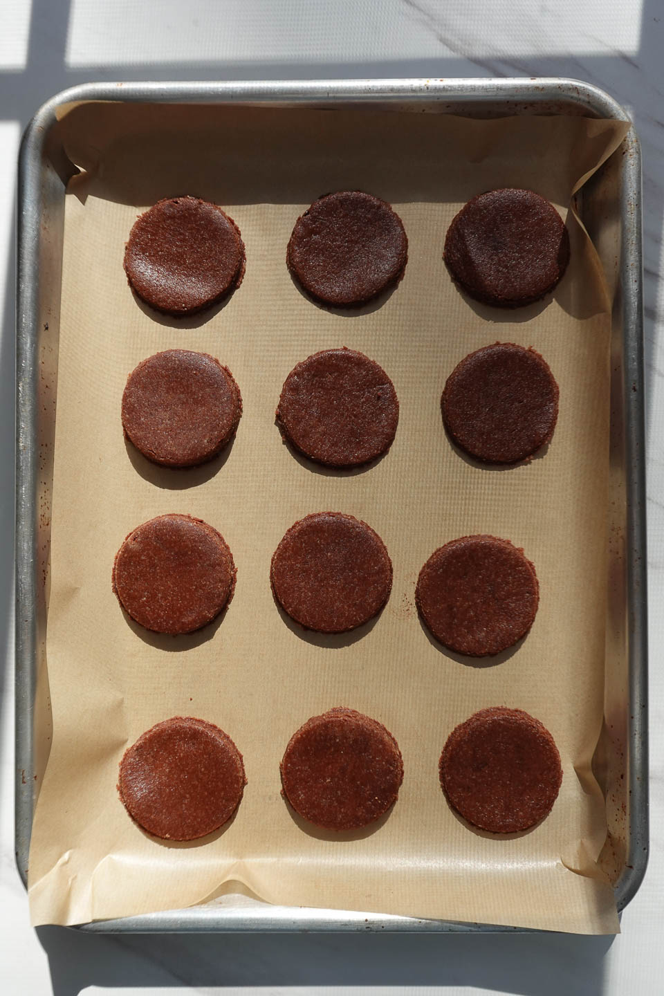chocolate mint cookies on a baking sheet before baking