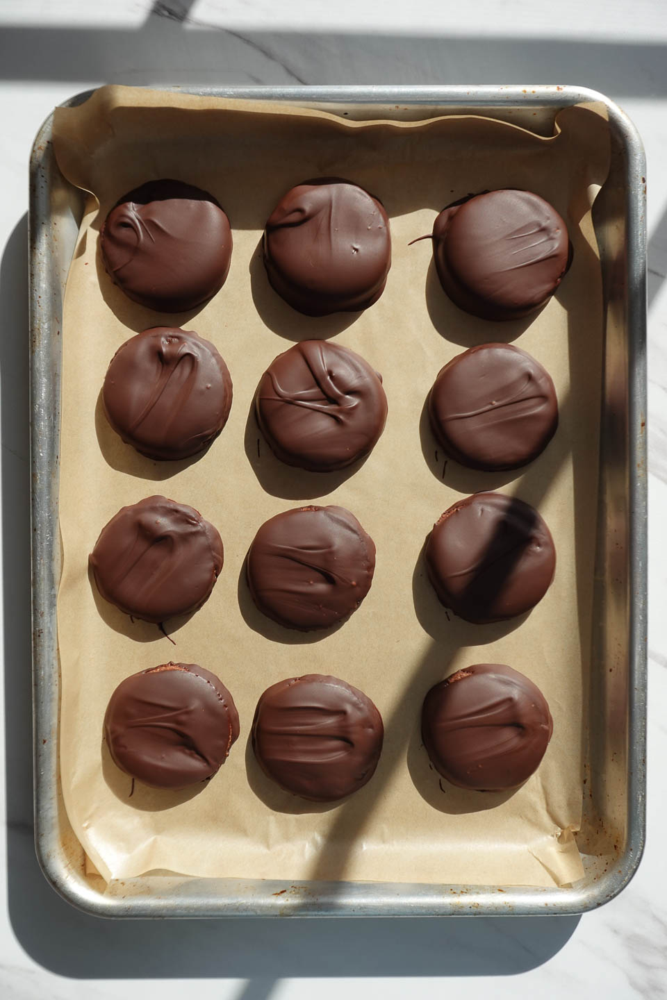vegan Thin Mints on a tray before setting in fridge