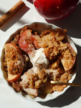 healthy apple crisp served in a bowl with vanilla ice cream