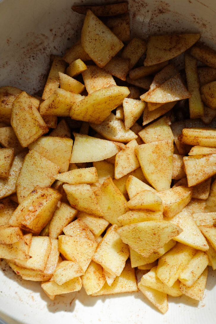 Thinly sliced apples tossed with maple syrup, lemon juice, cinnamon, and cornstarch.