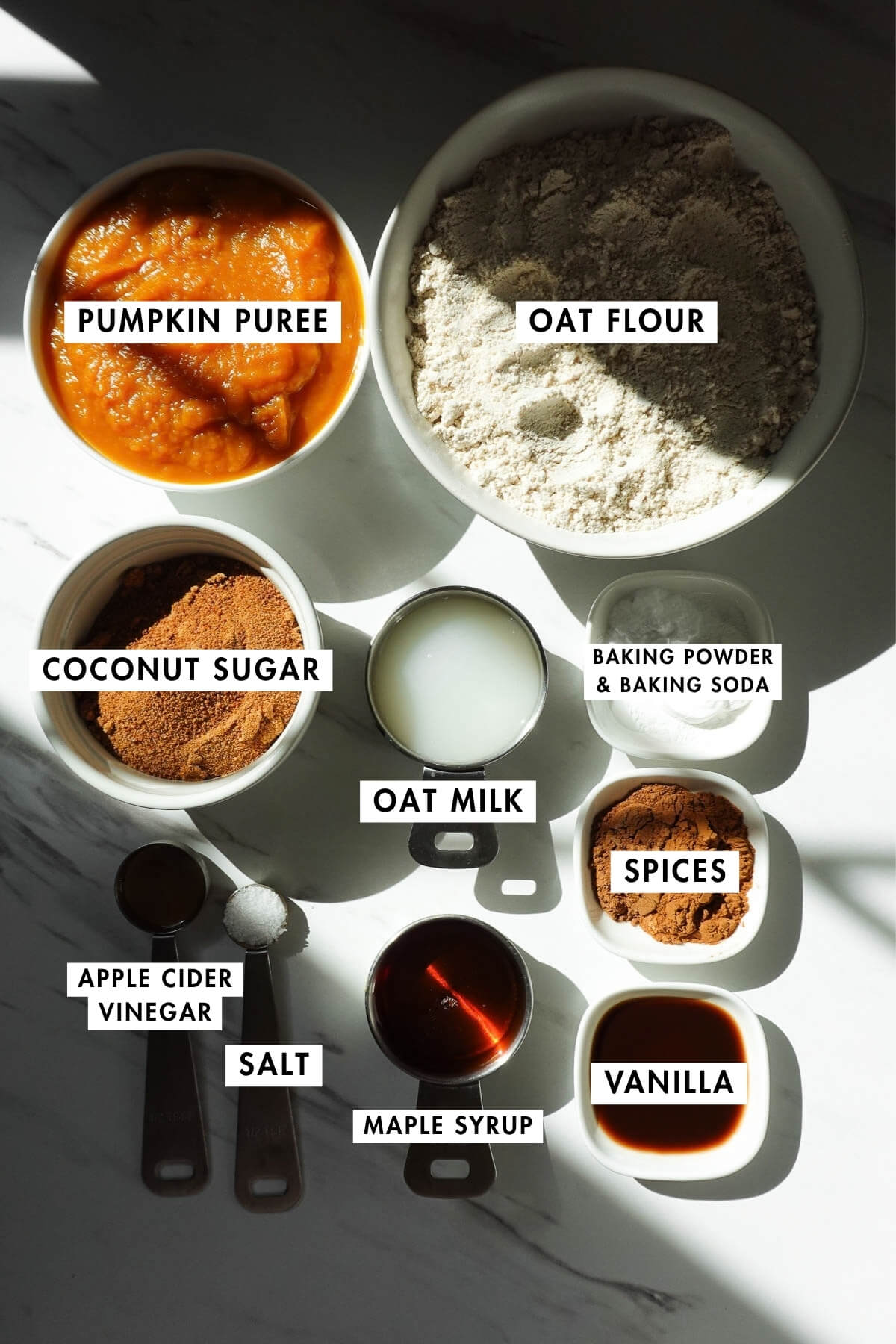 Measured ingredients needed to make pumpkin coffee cake.
