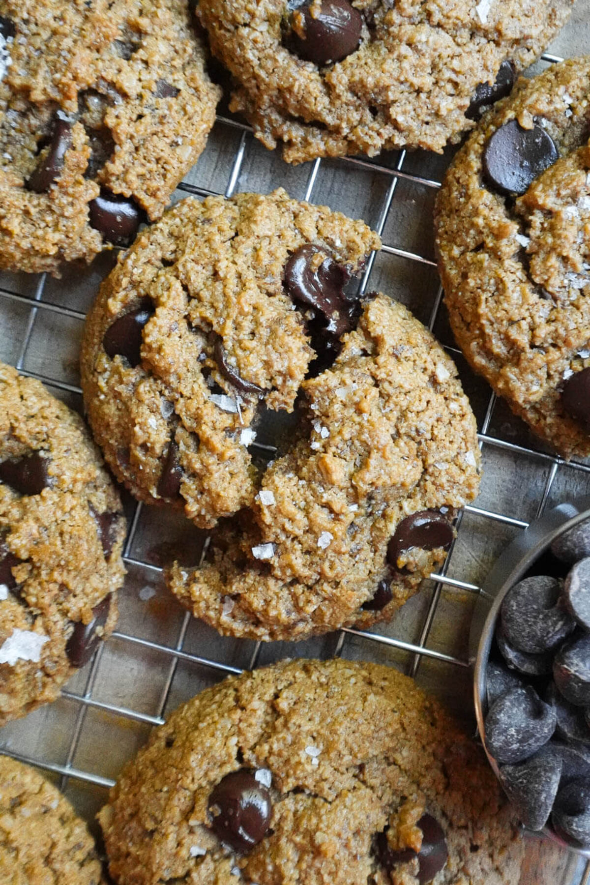 A close-up shot of a perfectly baked vegan chocolate chip cookie with gooey chocolate chips melting on top.