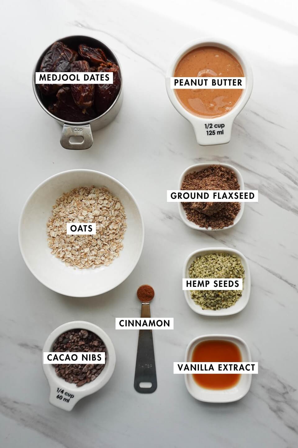 lay flat photo of ingredients needed to make peanut butter energy balls