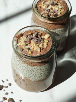 Chocolate peanut butter chia pudding in jars for a meal prep breakfast or healthy snack