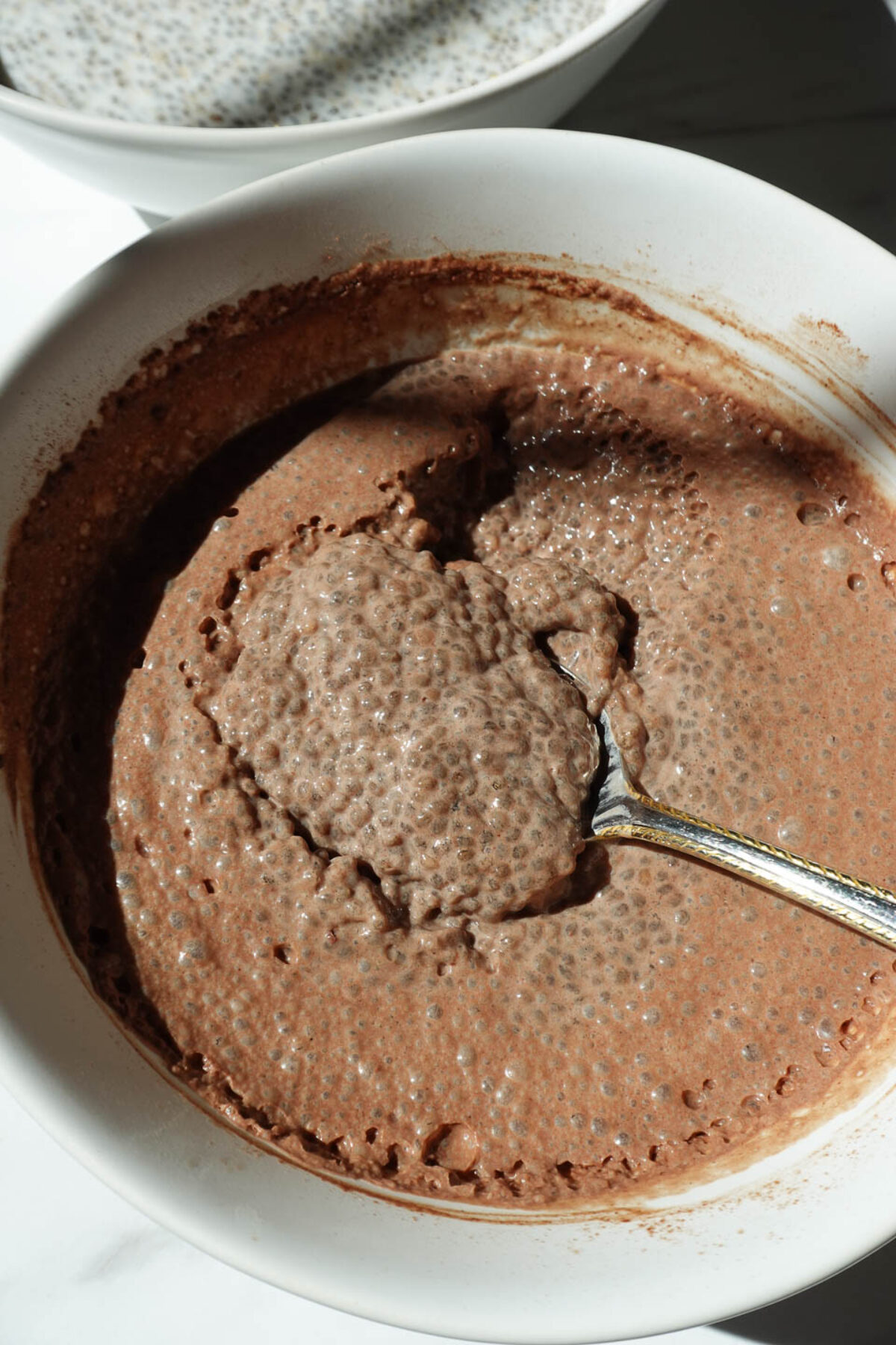 Close-up of chocolate peanut butter chia pudding showing thick, creamy texture