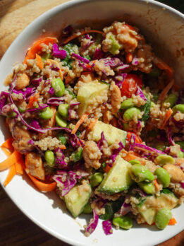 close up of vegan dish: Crunchy thai quinoa salad in a bowl