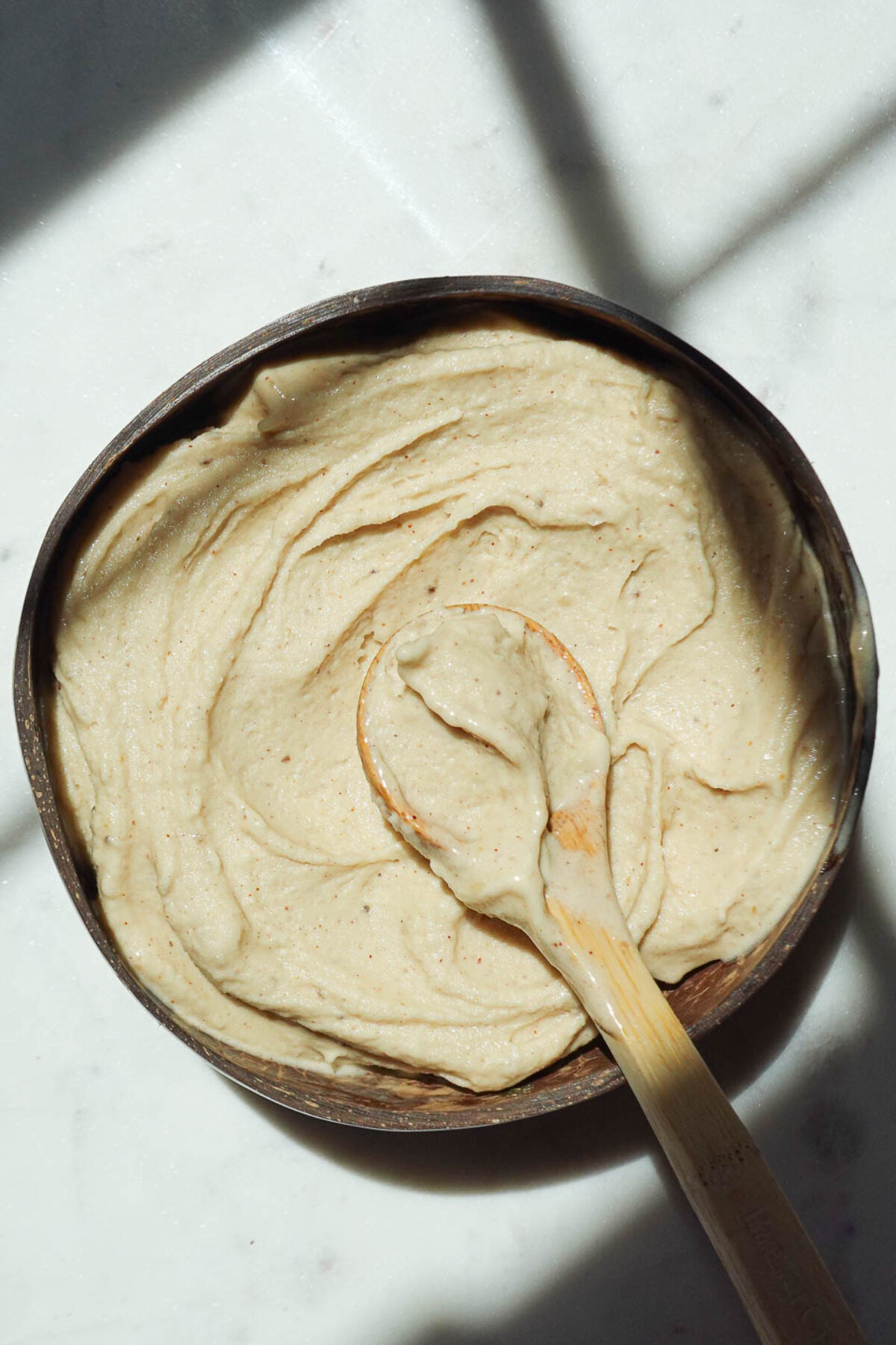 Vegan cookie dough nice cream in a bowl before adding toppings.