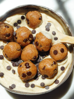 Creamy texture of banana nice cream with chunks of edible cookie dough throughout