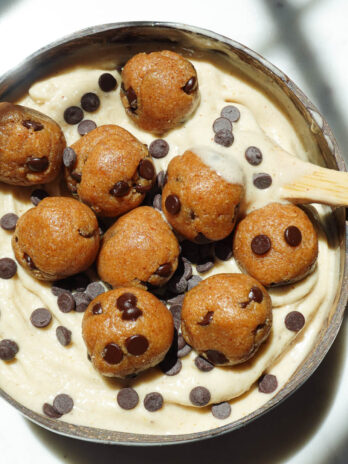 Creamy texture of banana nice cream with chunks of edible cookie dough throughout