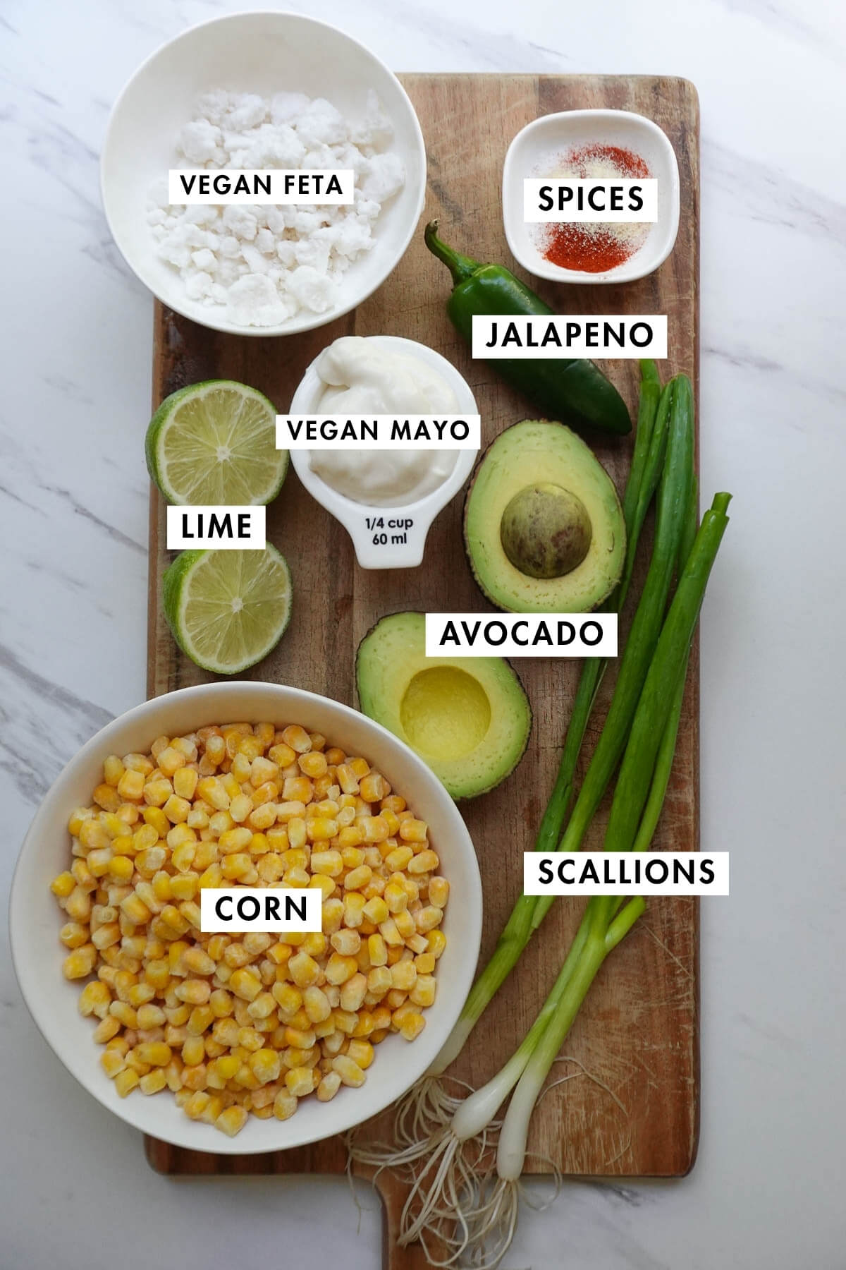 Fresh ingredients needed to make vegan Mexican street corn salad.