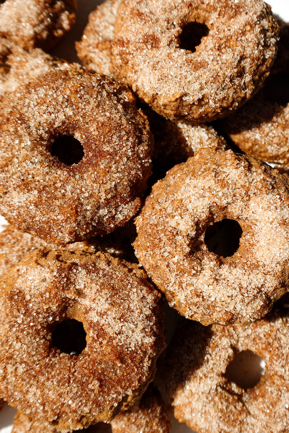 Baked apple cider donuts coated in cinnamon sugar on a plate