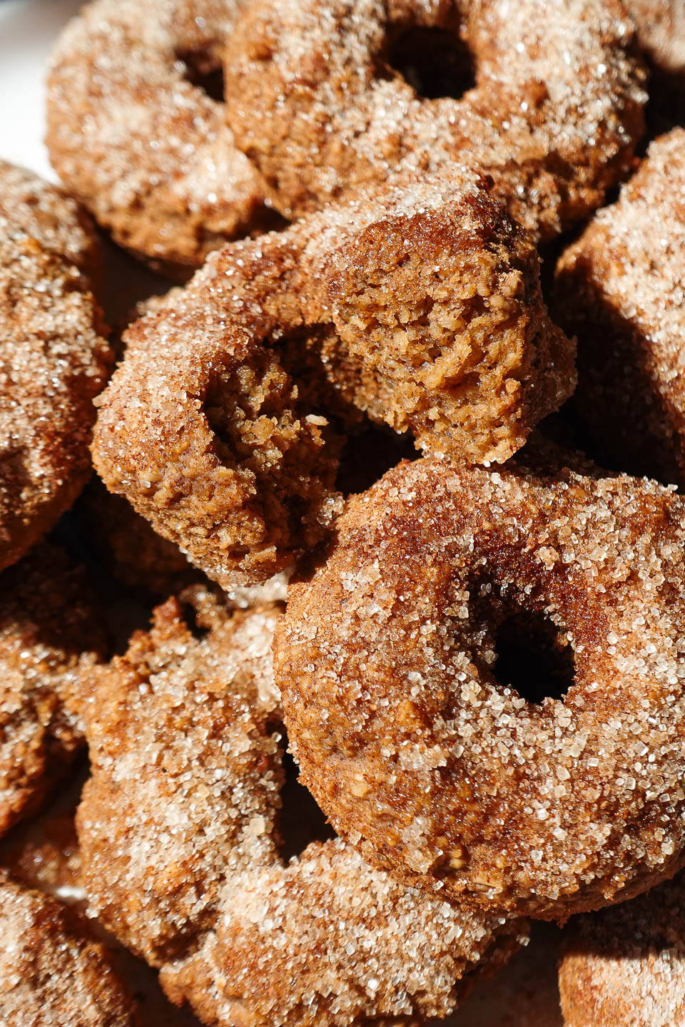 Inside texture of vegan apple cider donut showing fluffy texture and crumb