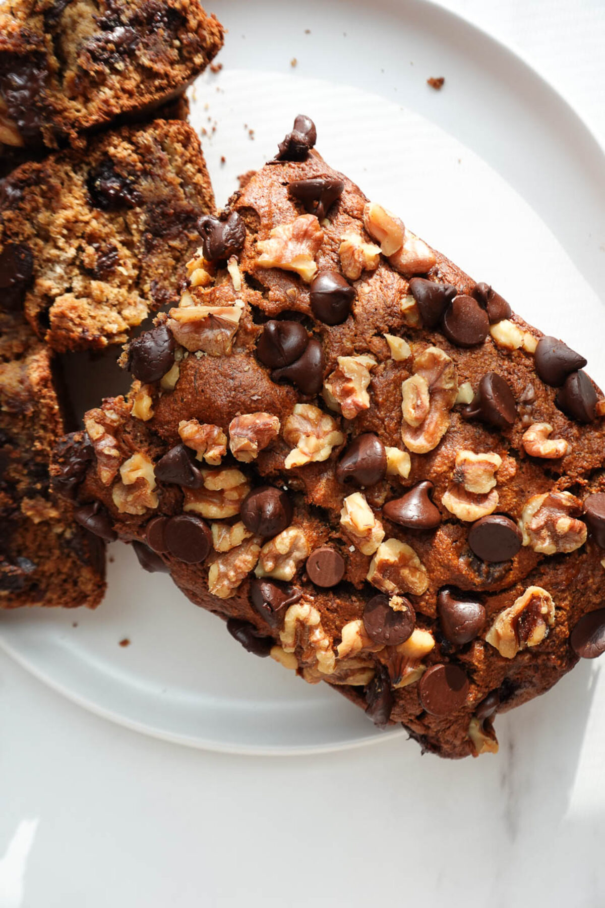 Healthy banana bread on a plate after baking.