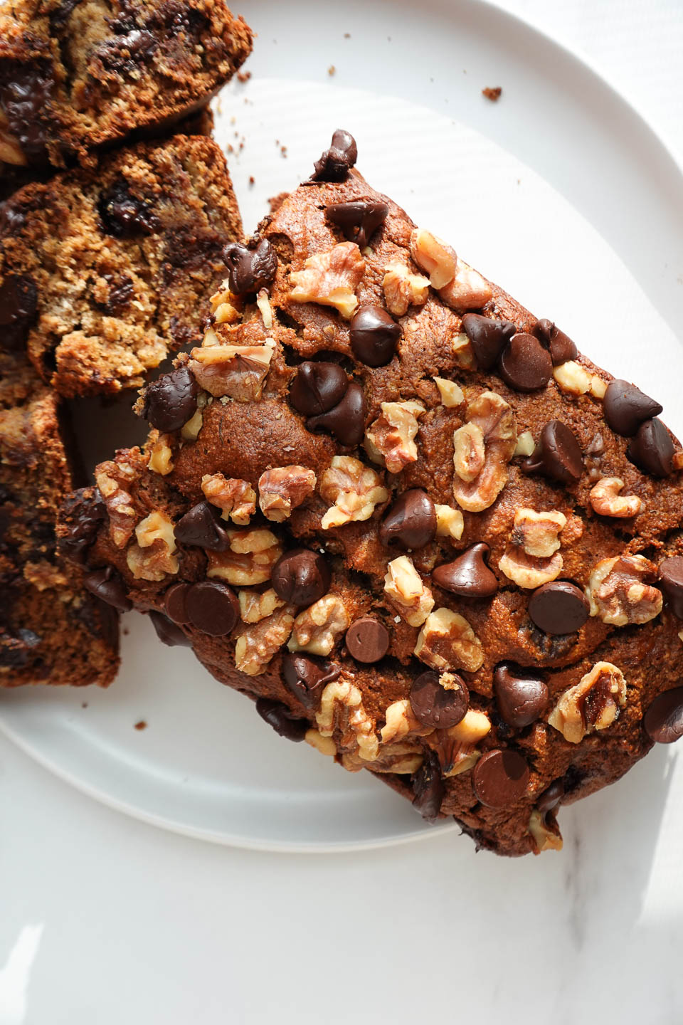 healthy banana bread on a plate after baking