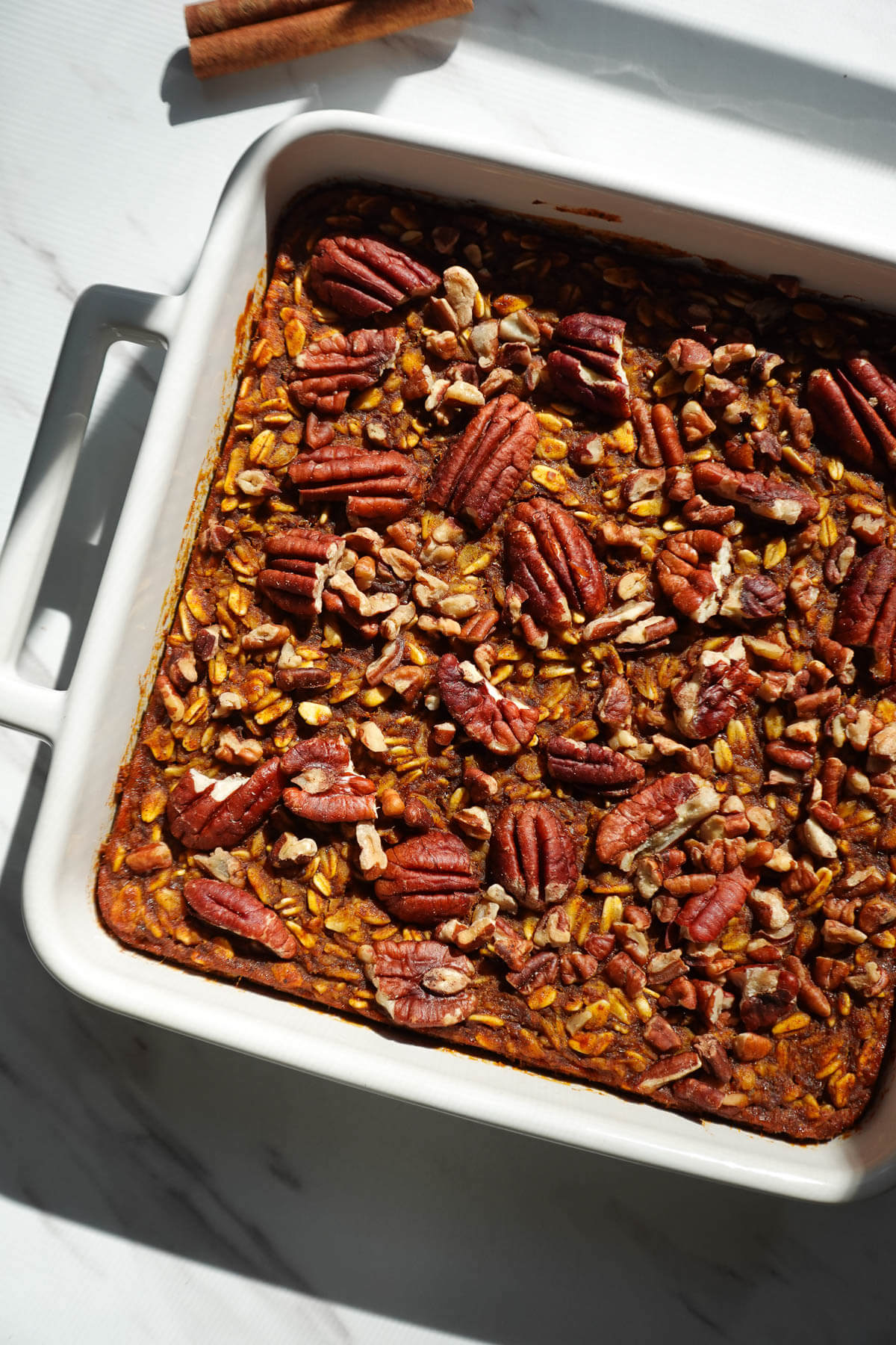 Pumpkin baked oatmeal freshly baked in a dish.