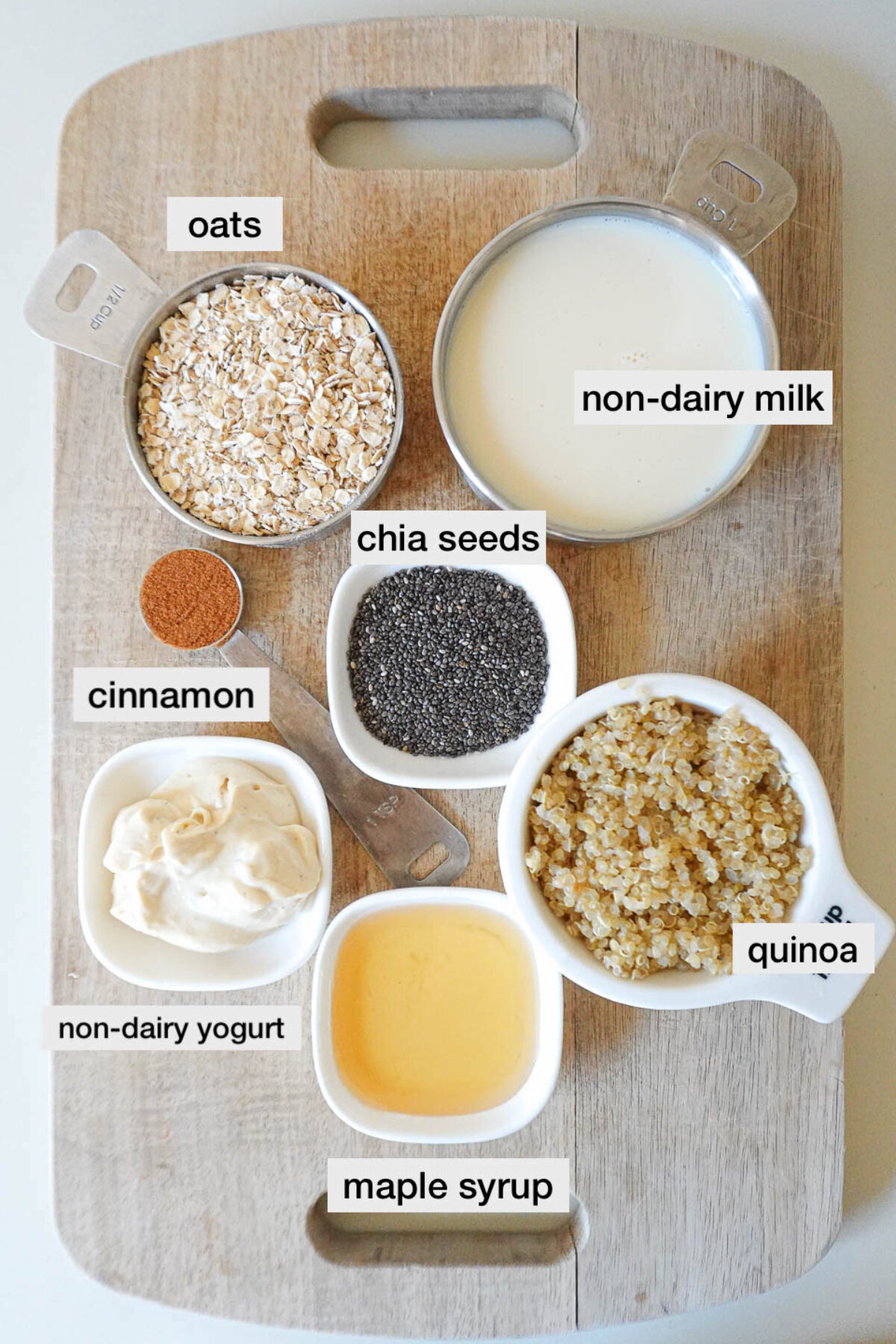 shot of ingredients on a cutting board to make cinnamon roll overnight oats