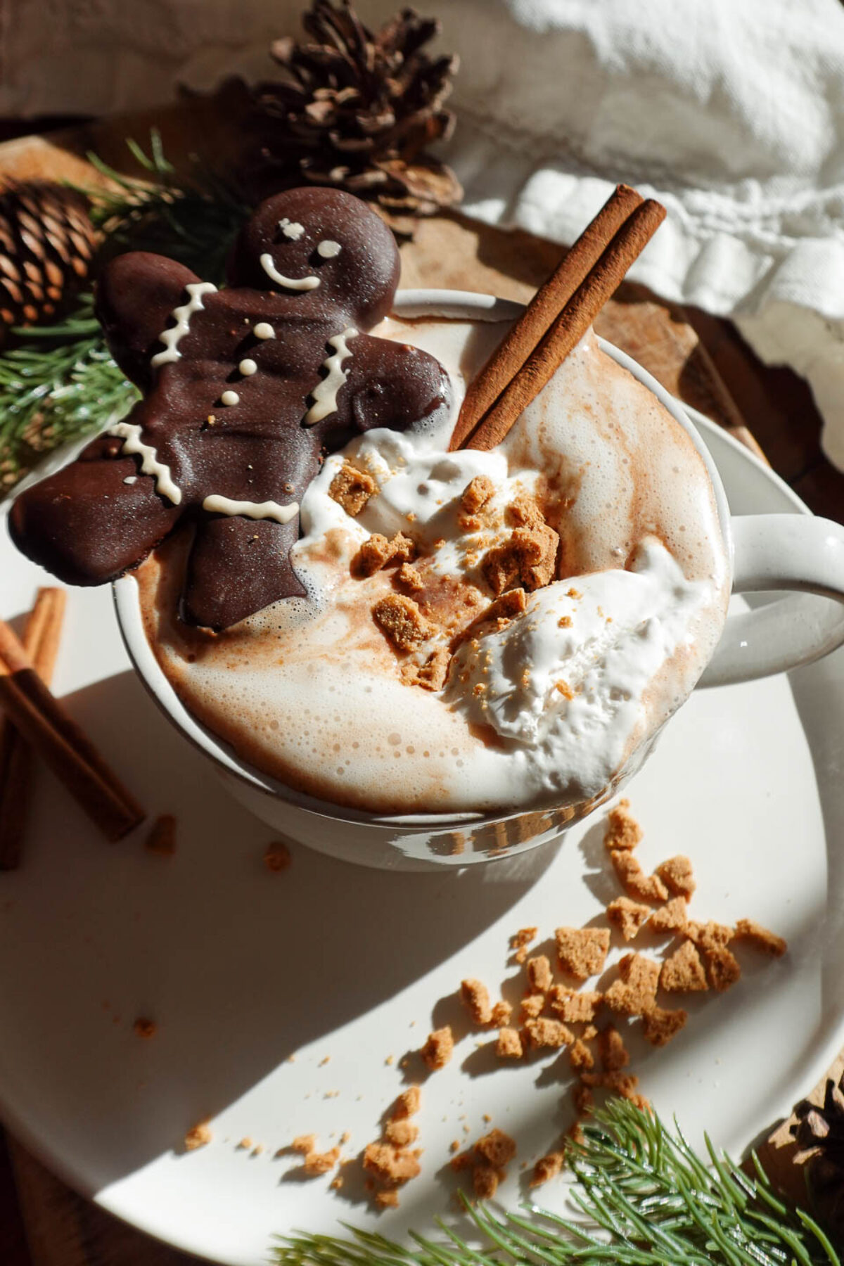 Warm and cozy gingerbread hot chocolate topped with vegan whipped cream, a cinnamon stick, crushed gingerbread cookies, and a chocolate gingerbread cookie, perfect for Christmas.