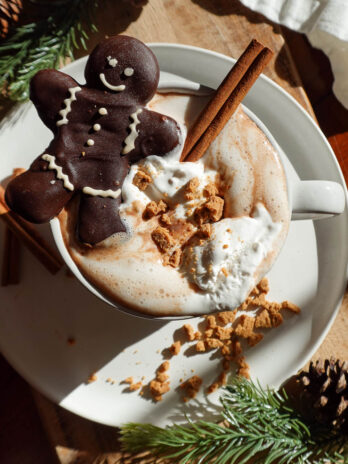 Overhead shot of vegan gingerbread hot chocolate topped with whipped cream, a chocolate gingerbread cookie, crushed gingerbread, and a cinnamon stick for a festive holiday treat.