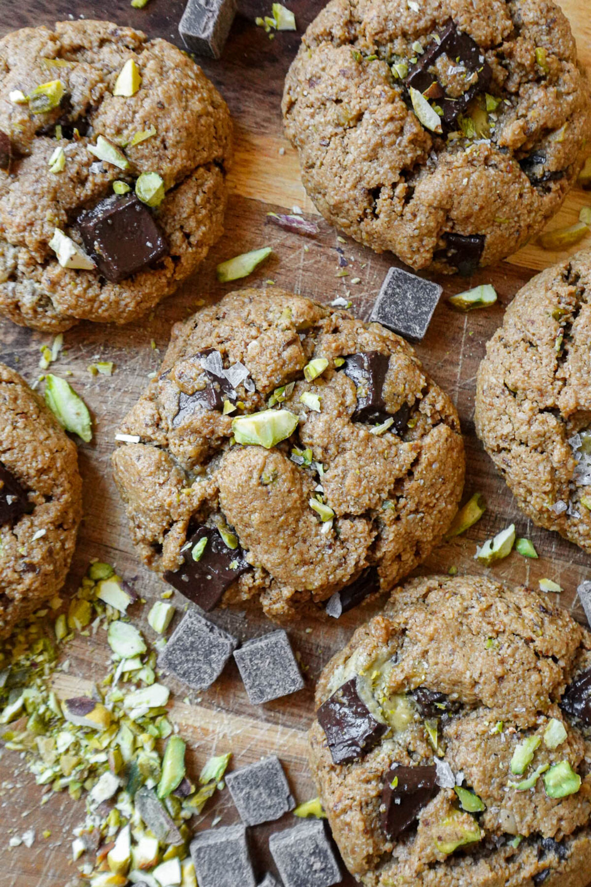Healthy vegan pistachio chocolate chip cookies made with almond flour and coconut sugar