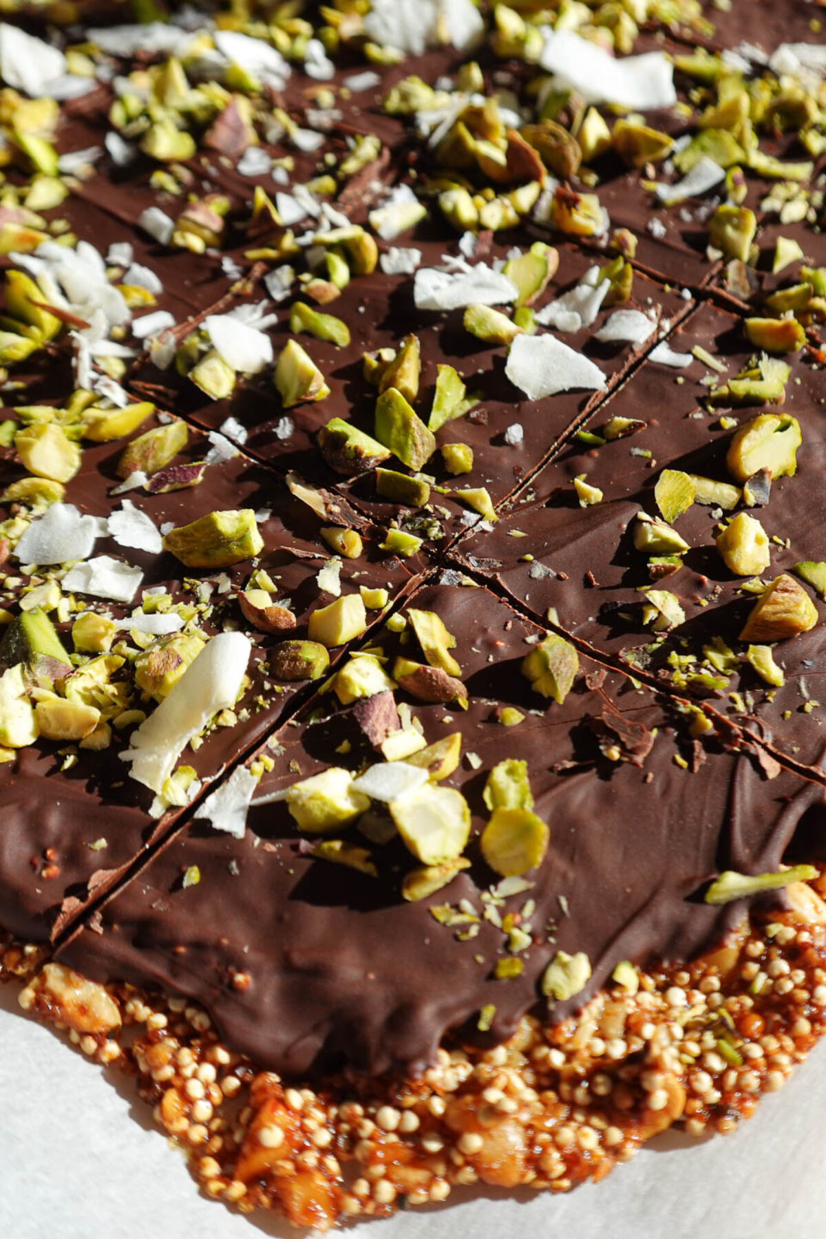 chocolate quinoa bark garnished with shredded coconut and flaky sea salt, perfect for snacking.