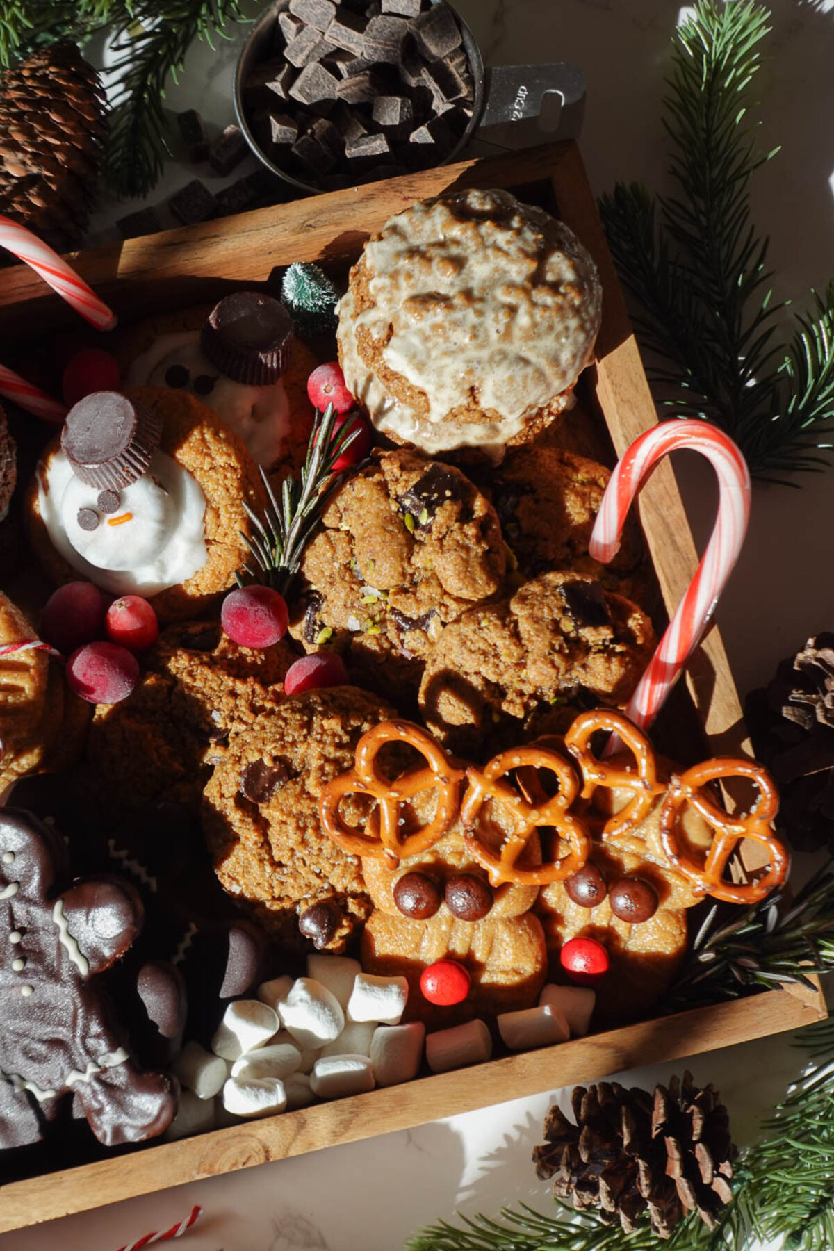 close up of Christmas cookie gift box with delicious holiday treats, perfect for gifting, including allergen-friendly vegan cookies