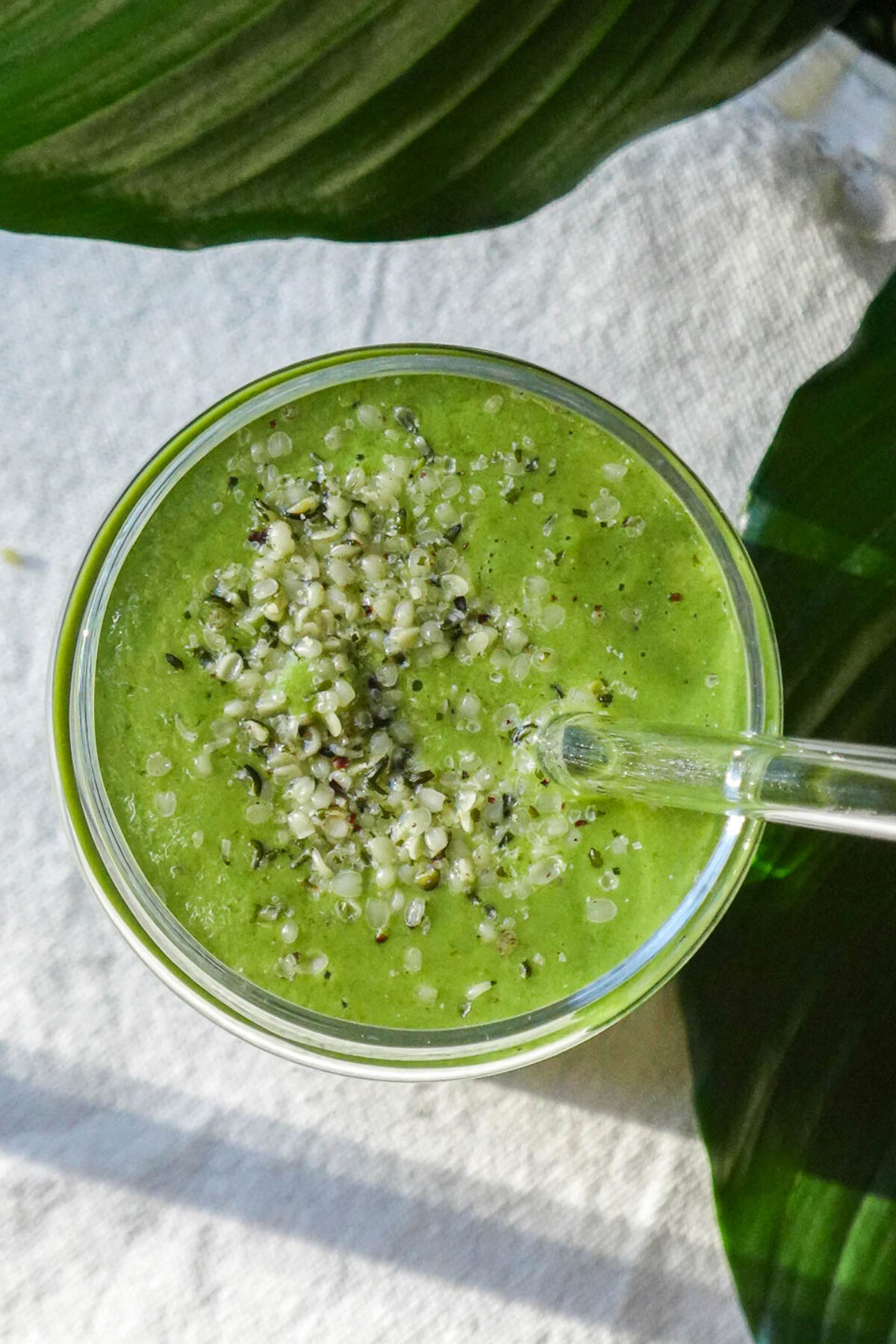 overhead shot of the best green smoothie in a glass sprinkled with hemp seeds
