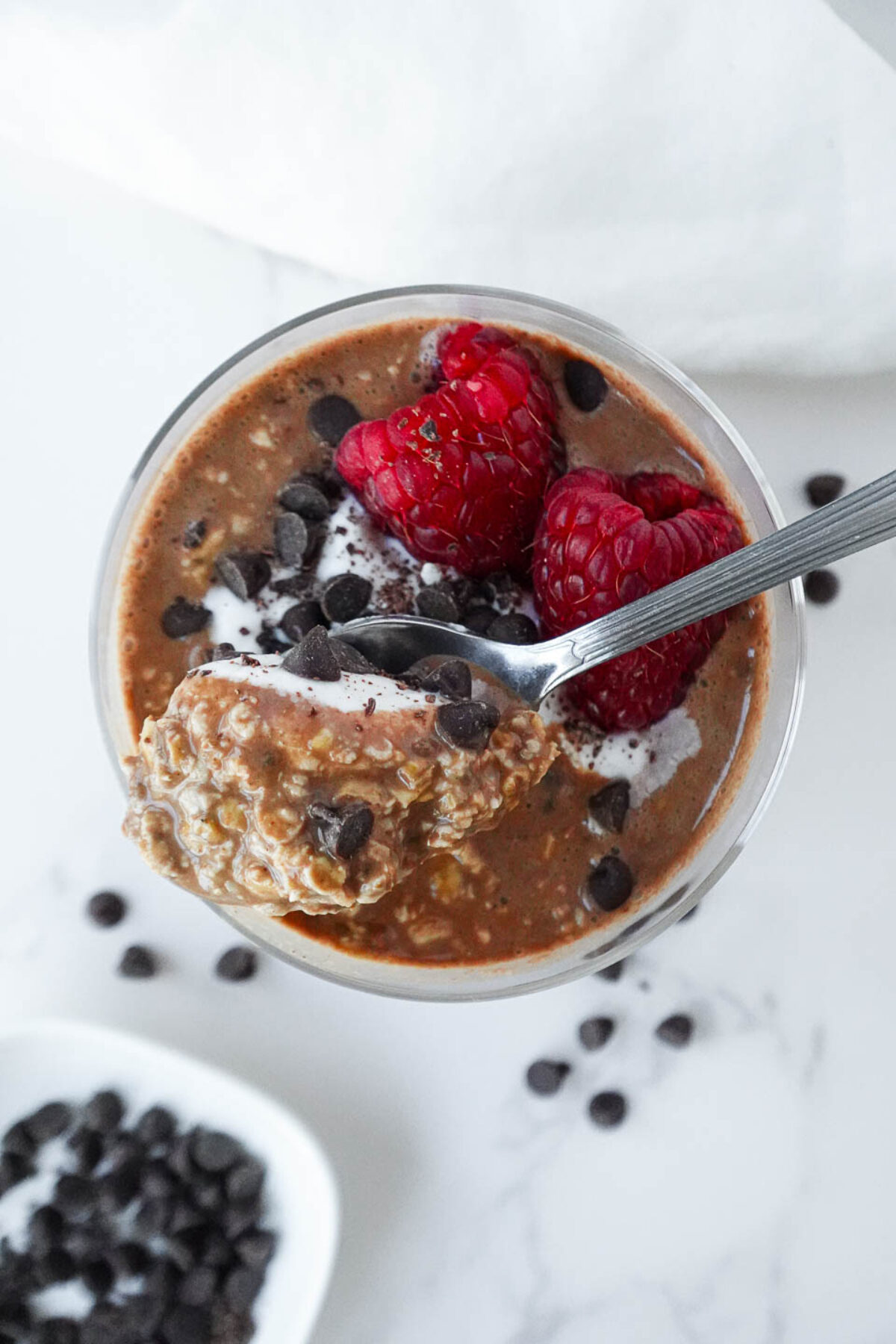 close up shot of Brownie Batter Overnight Oats showing the rich and creamy texture