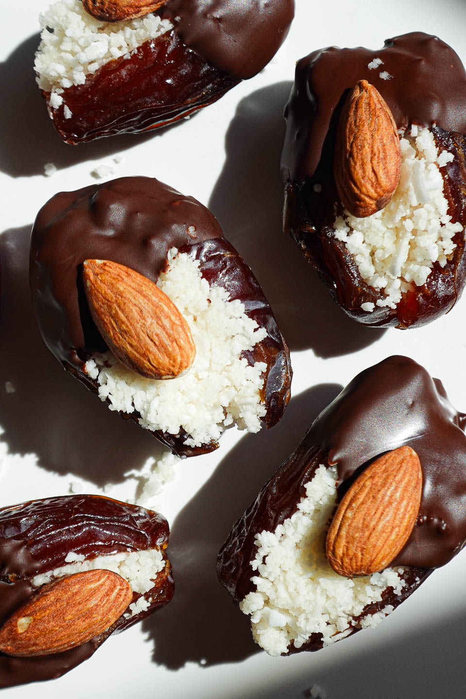 Overhead shot of finished Almond Joy Stuffed Dates