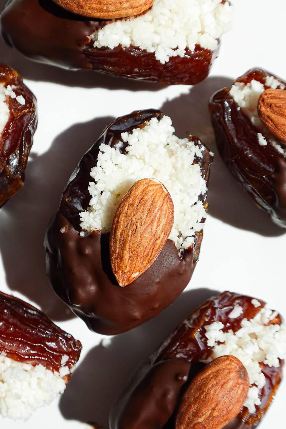 overhead shot of Vegan Almond Joy Stuffed Dates