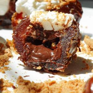 Gooey vegan S’mores Stuffed Date filled with melted dark chocolate and toasted vegan marshmallow and topped with crushed graham crackers