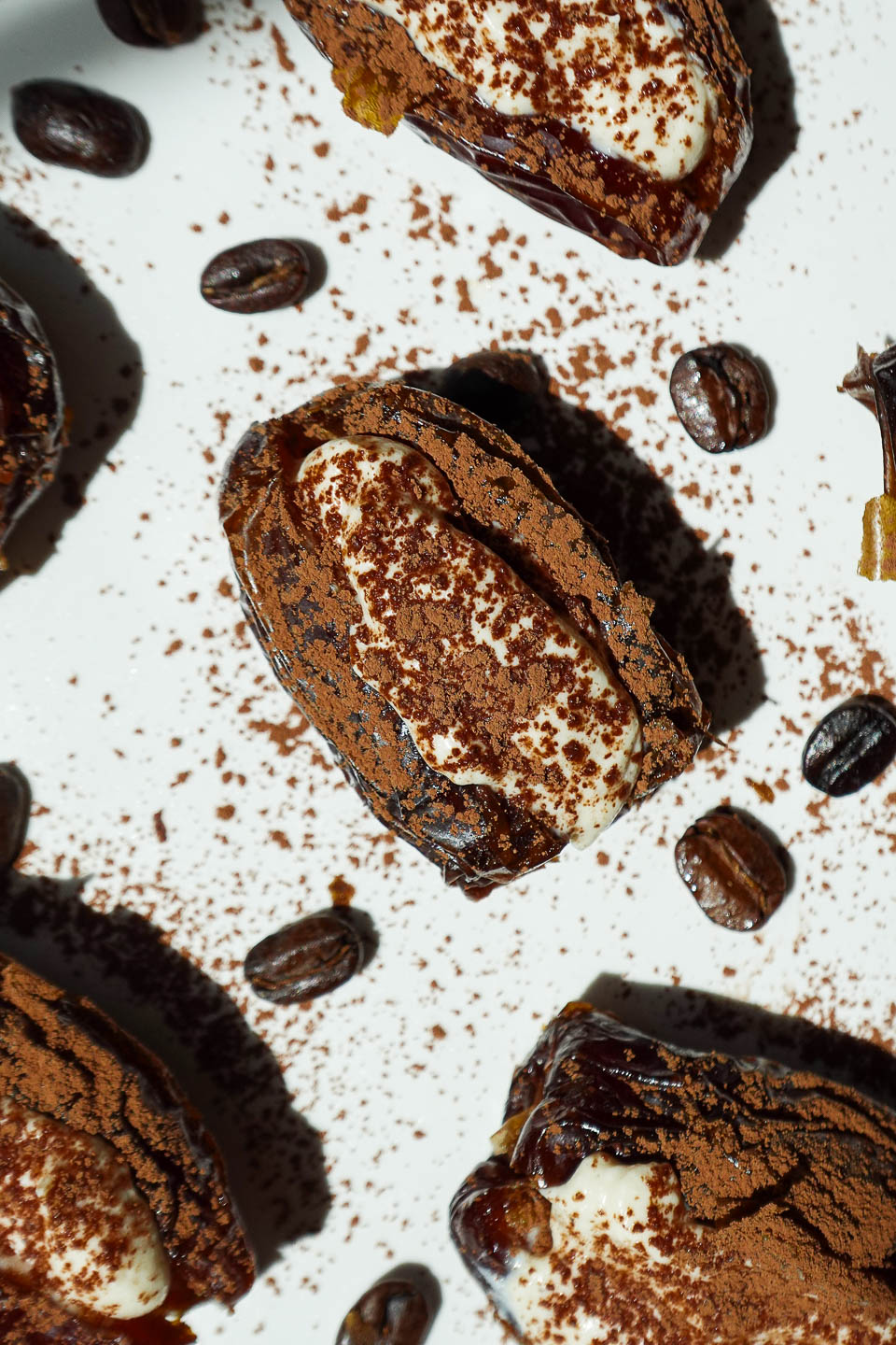 overhead shot of no-bake tiramisu stuffed dates