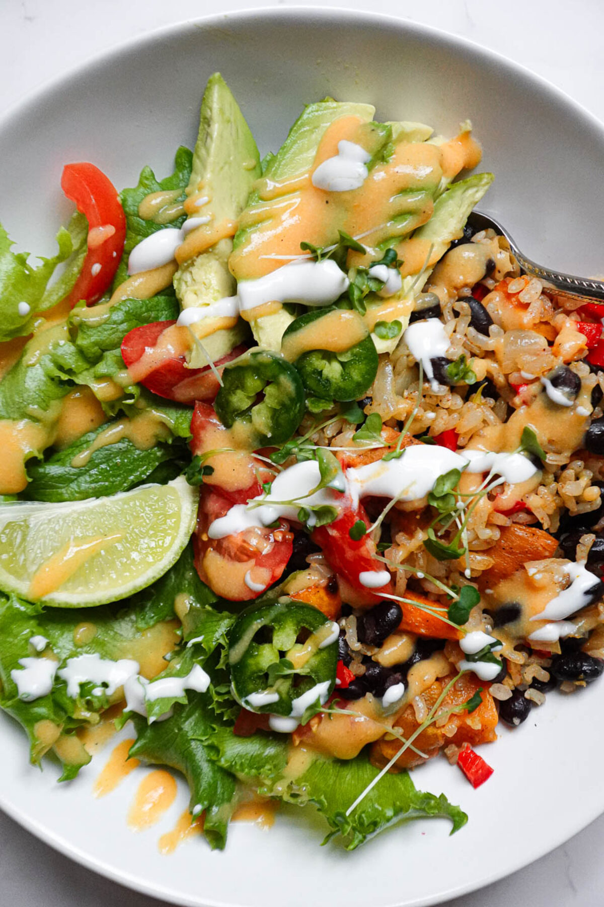 Close-up of a colorful sweet potato and black bean burrito bowl topped with avocado, diced tomatoes, jalapeños, and microgreens