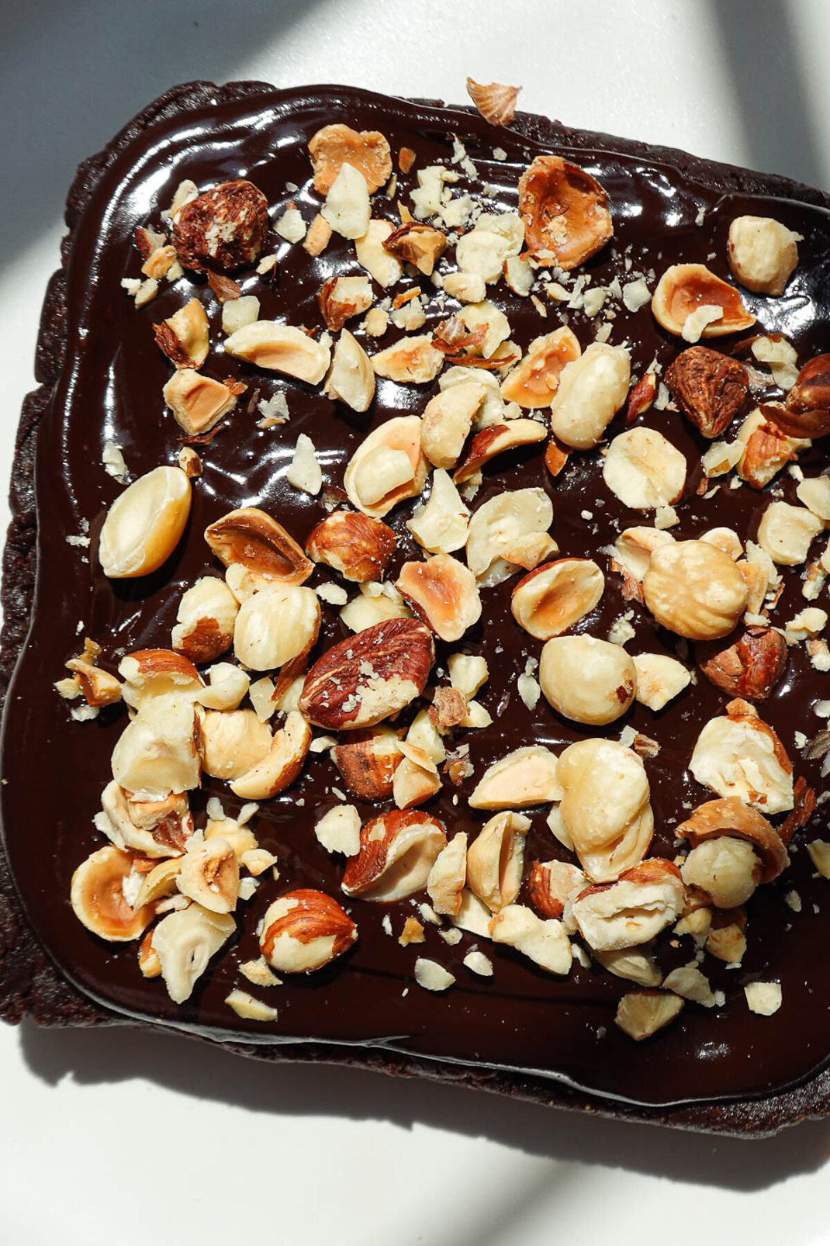 Overhead view of fudgy vegan brownies topped with silky chocolate ganache and chopped hazelnuts