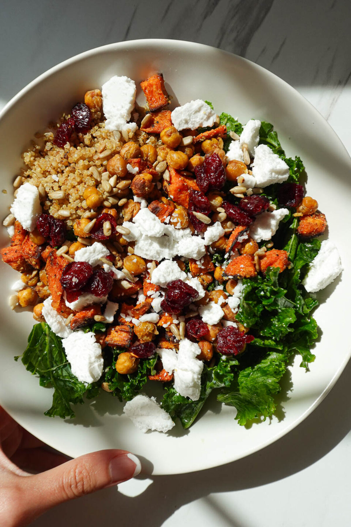fall quinoa salad with sweet potatoes, kale, chickpeas, cranberries, pumpkin seeds, and vegan feta