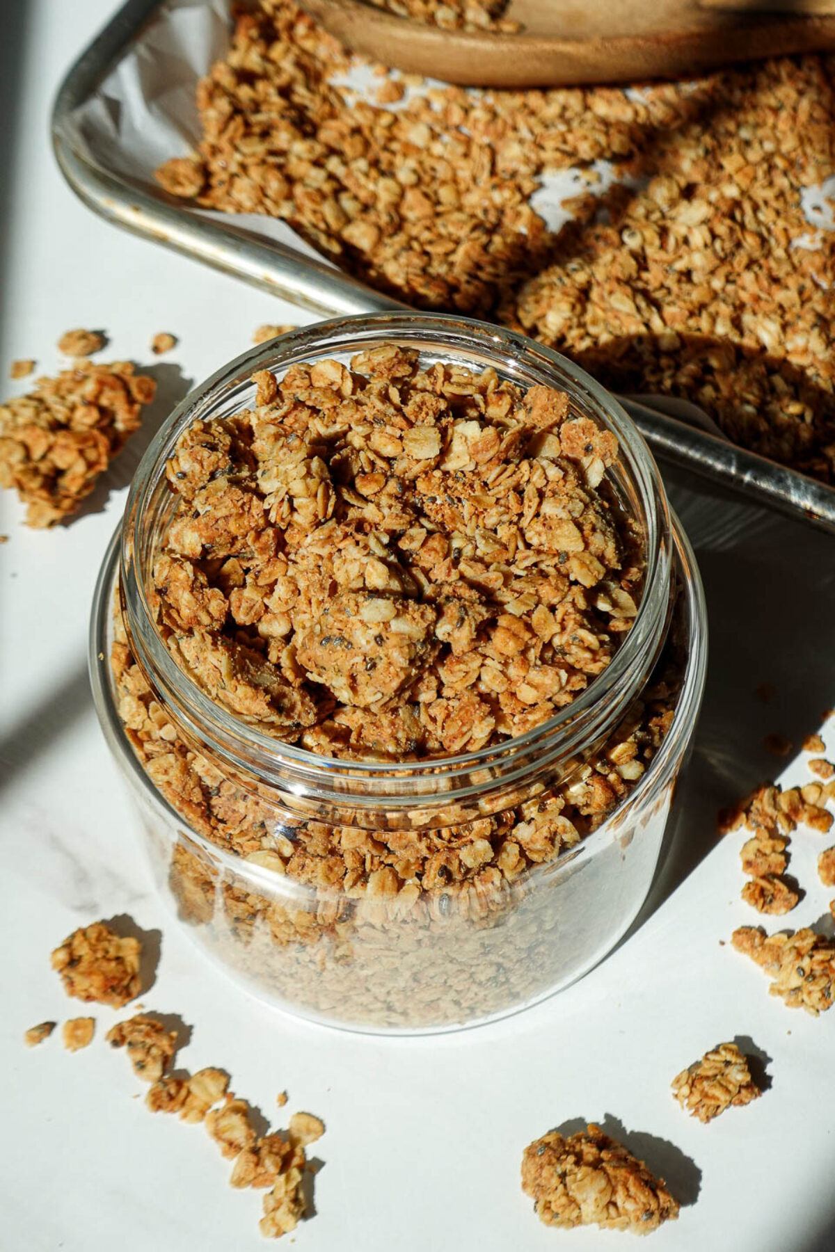 Jar of homemade vegan peanut butter granola.