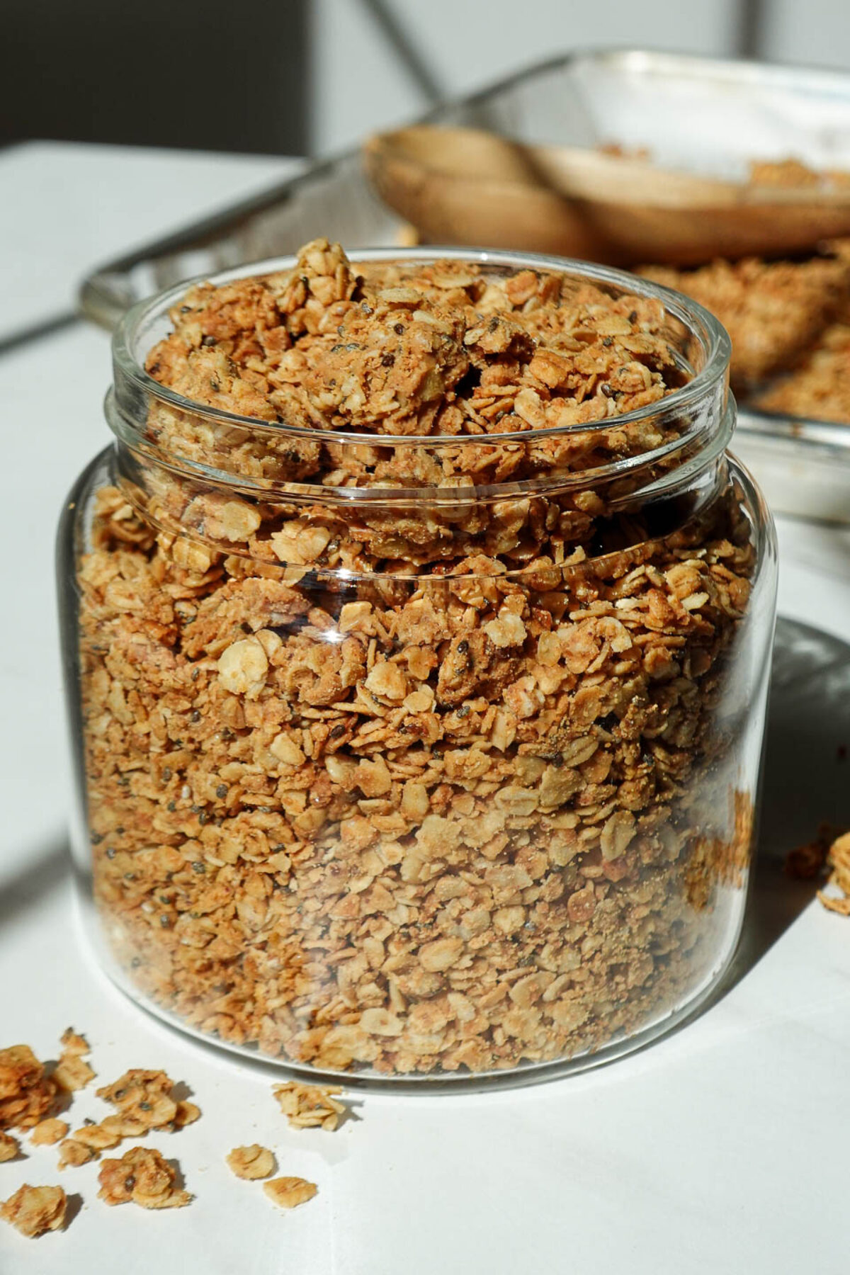 Jar of homemade peanut butter granola.