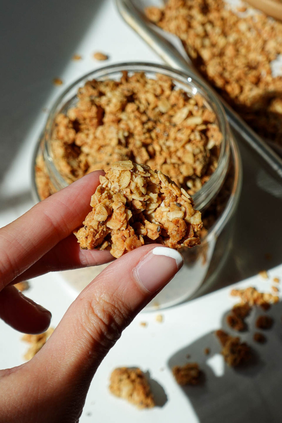 Close-up of chunky peanut butter granola.