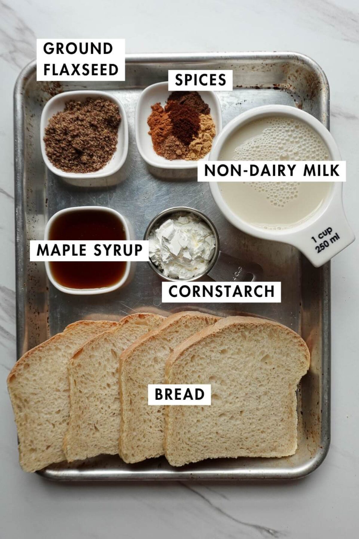 Ingredient laid out for vegan gingerbread french toast sticks