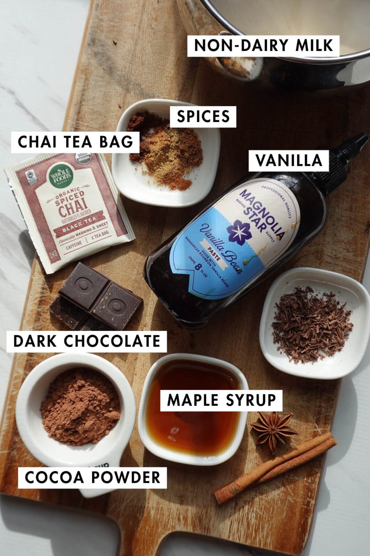 ingredients for vanilla chai hot chocolate