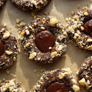 Close-up of no-bake chocolate hazelnut cookies with crunchy hazelnut coating and creamy chocolate hazelnut centers.