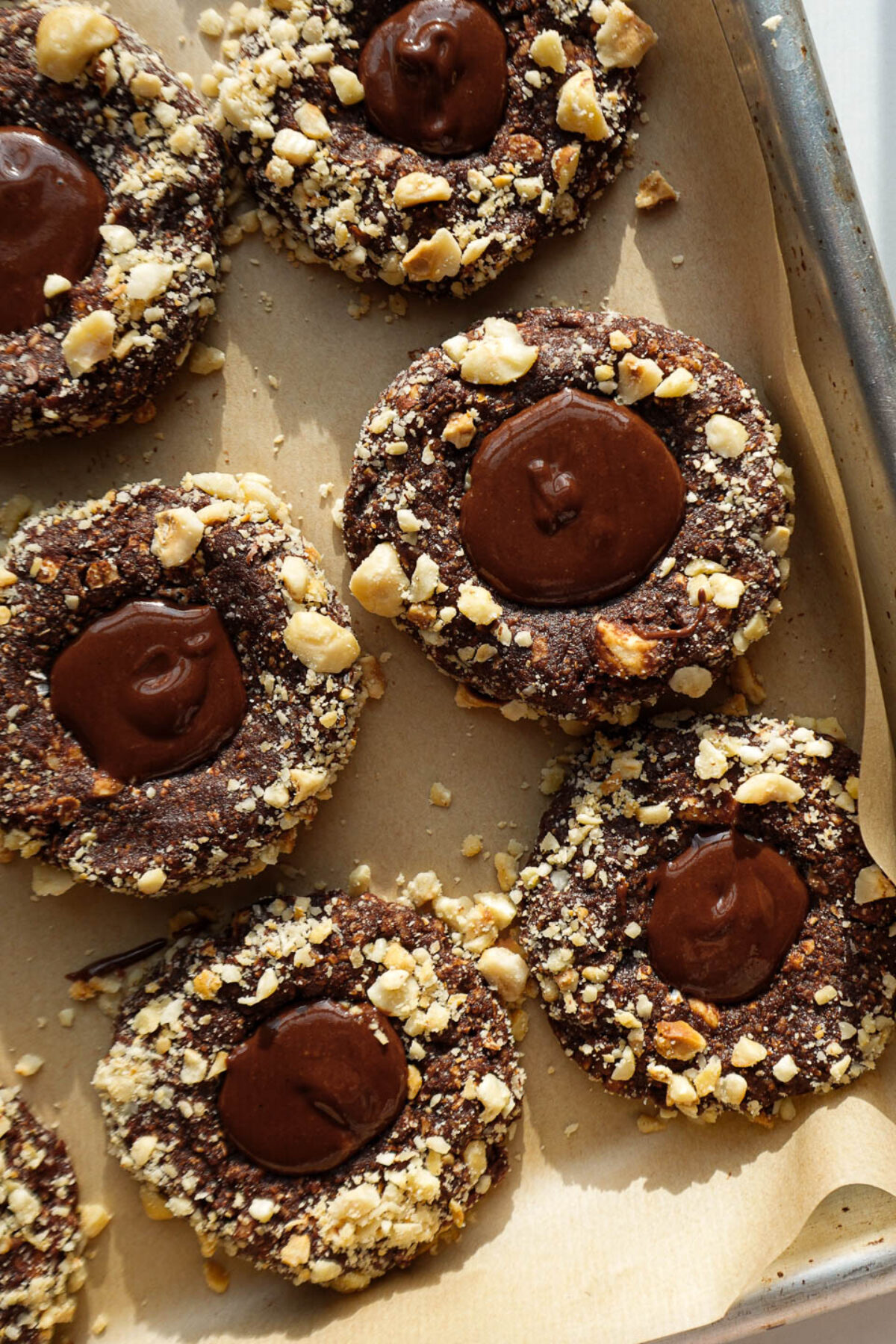 Close-up of no-bake chocolate hazelnut cookies with crunchy hazelnut coating and creamy chocolate hazelnut centers.