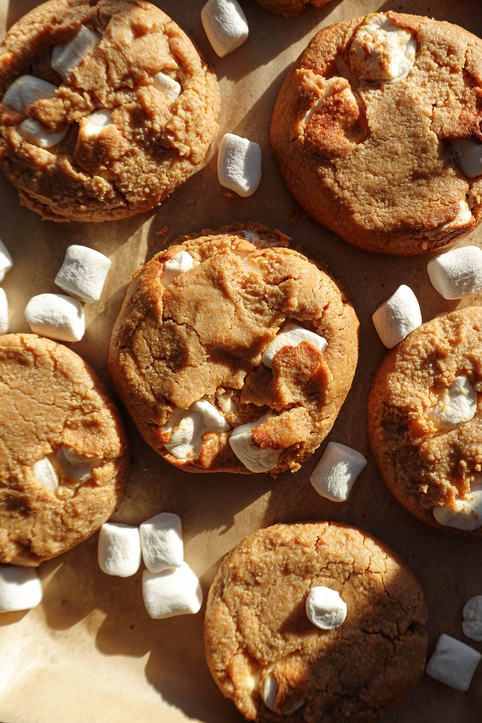 Vegan gluten-free fluffernutter cookies made with peanut butter and gooey marshmallows