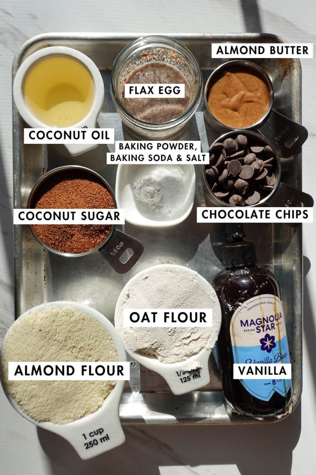 lay flat photo of all ingredients needed to make the skillet cookie